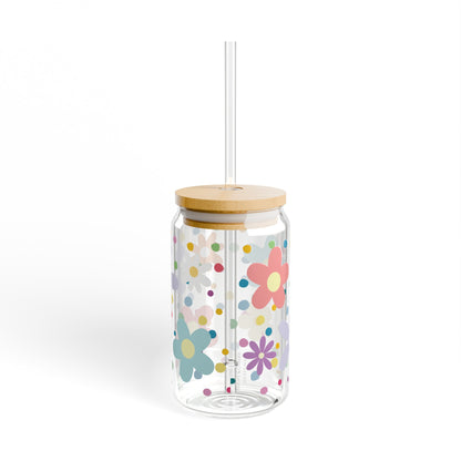 dots & flowers sipper glass, 16 oz