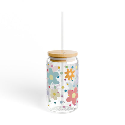 dots & flowers sipper glass, 16 oz